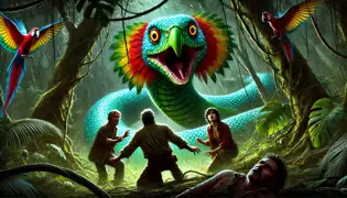 The Mbói Tu’i, a massive emerald-scaled serpent with a parrot-like head, emerges from the jungle, facing terrified explorers.