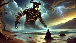 Al-Muhtazir, a towering Djinn wreathed in darkness and fire, rises from the Dead Sea as Yusuf watches in terror.