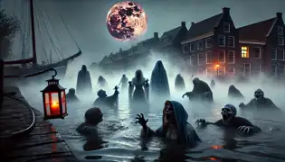 Ghostly figures rise from the misty waters of the IJssel River, reaching for terrified townspeople under the eerie glow of the Blood Moon.