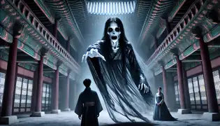 The ghost of Queen Sohye floats inside Gyeongbokgung Palace, her sorrowful, glowing eyes locked on Jihoon and Yeonhwa.