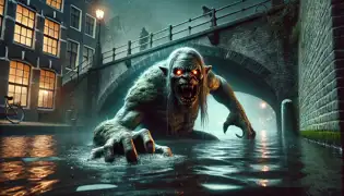 A terrifying troll with glowing eyes and moss-covered skin emerges from the canal, gripping the old stone bridge in Utrecht.