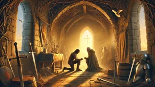 Mael Duin forgives the sorrowful old marauder inside a thorn-wrapped tower at sunrise