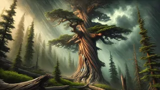 Great cedar with knarled branches facing storm winds under dark skies
