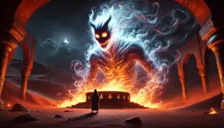 A towering djinn made of smoke and fire rises from the ancient well, staring down at Amina with glowing ember-like eyes.