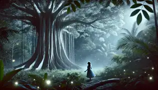 A young girl touches the glowing trunk of the Enchanted Ceiba under the moonlight, surrounded by fireflies in the rainforest.