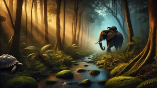 Ein Elefant trägt eine Schildkröte zwischen seinen Beinen im Wald bei Dämmerung.