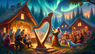 Väinämöinen plays his divine harp in Kaleva as villagers and animals gather in awe under a twilight sky.