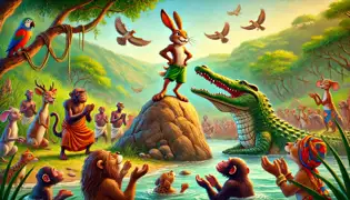 A triumphant hare stands on a rock as jungle animals cheer, while a humbled crocodile looks on in admiration and defeat.