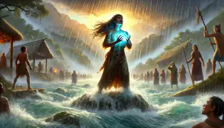 Chipo emerges from the sacred river holding the glowing Stone of Muta, as villagers watch in awe and the sun breaks through the mist.