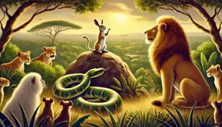 The triumphant hare sits proudly as the defeated python slithers away, with the lion standing beside him in acknowledgment.