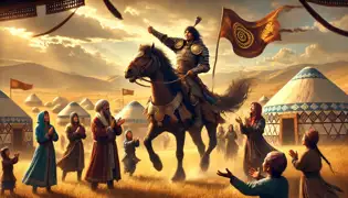 Manas returns victorious, riding Ak-Kula through the golden steppe as his people cheer and celebrate his heroic triumph.