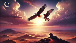 The eagle and the falcon soar together in the evening sky, their rivalry replaced by respect, with desert animals watching below.