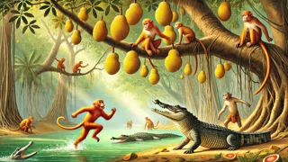 Crocodile approaching a monkey on a tree over a gentle river under dappled sunlight