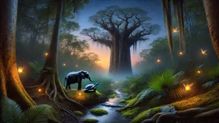Eine Schildkröte spricht leise zu einem Elefanten unter einem riesigen Baobabbaum bei Dämmerung.