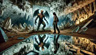 Crystal mirrors reflect distorted versions of explorers in an eerie cave chamber of illusions.