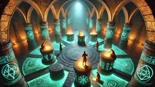 Antike Halle mit sechs leuchtenden Podesten, auf denen jeweils ein Rätsel steht, umgeben von biolumineszenten Wänden.