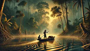 Oba and Bayo paddle a canoe through the misty Benue River, surrounded by lush forests and golden ripples in the water.