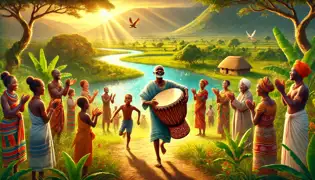 Nfumu returns to the village with the magical drum, surrounded by celebrating villagers and a restored lush landscape.