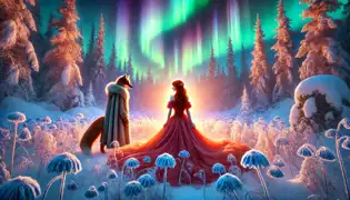 Aila, the Fox Maiden, with fiery hair, stands in a magical forest clearing under the northern lights as Eero watches.