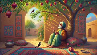 The merchant gazes peacefully at a sparrow on the highest branch of a tree, in a courtyard lit by a golden sunset.