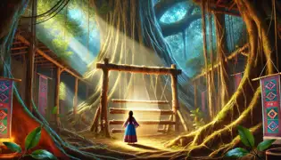 Soledad discovers the enchanted loom glowing inside a dim, overgrown workshop beneath the roots of a ceibo tree.