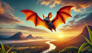 Bat soars high above Zambia at dawn, his new wings glinting in the sunlight over the river and forested hills.