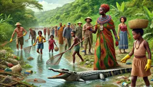 Nzinga leads the villagers in a river cleanup, with lush greenery and sparkling water symbolizing their efforts to restore harmony.