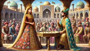 Princess Gulnor and a rival king face off in a contest of wits in Samarkand’s bustling city square.