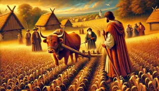 Emissaries approach Přemysl the Ploughman, guiding oxen through a Bohemian field with a wooden plow.