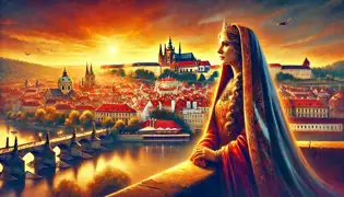 Queen Libuše stands on Vyšehrad ramparts at sunset, gazing over the flourishing medieval city of Prague below.