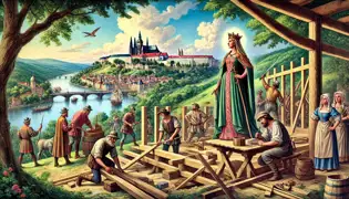 Queen Libuše stands on a hilltop, overseeing the construction of Prague near the Vltava River as workers build the city.