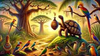 Eine Schildkröte stürzt durch die Wolken, während Vögel besorgt von oben zusehen.