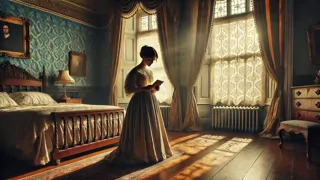 Una mujer vestida con ropa victoriana sostiene un despacho doblado junto a una ventana junto al mar, su expresión cambiante con cada palabra.