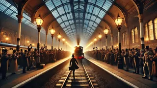 Phileas Fogg descendant du train à la station d'Euston sous la faible lueur des lampes à gaz