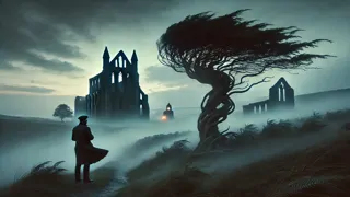A mist-shrouded ruin bathed in silver moonlight on a windswept moor