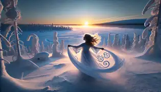 A young girl stands triumphantly in the snow at sunrise, the wind swirling around her in a peaceful dance as she embraces her destiny.