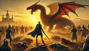 Bálint stands victorious at sunrise, sword in hand, as the Nine-Headed Dragon dissolves into dust behind him.