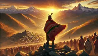 Inti Callisaya stands on a mountain peak at sunrise, watching over the grateful villagers below after defending their homeland.