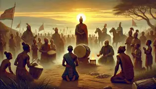 Zenzi stands before the Fire Drum with warriors and the king’s council, as Njamba kneels in defeat on a smoldering battlefield at sunrise.