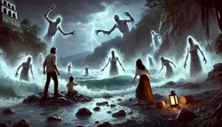 A violent storm over Lake Atitlán as ghostly figures rise from the water, with Daniel and Isabela caught in supernatural terror.