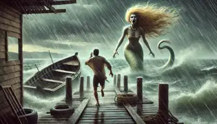 A violent storm rages over Lake Maracaibo as a fisherman runs toward his boat, while a ghostly mermaid stands on the waves.