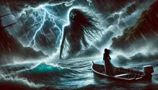 Amara stands on a boat in Marigot Bay during a violent storm, facing the spectral form of Anaya as lightning illuminates the sky.