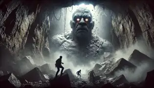 A violent tremor shakes a cave as a colossal stone giant stirs, its glowing eyes opening while explorers retreat in shock.