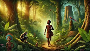 Ebele walking into the dense rainforest, holding a talisman, surrounded by vibrant foliage and curious animals.