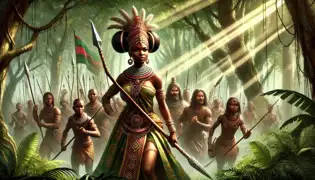 Queen Nzinga leading her warriors through a dense forest, holding her spear high as sunlight filters through the trees.