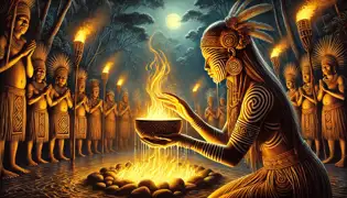 Kalinda kneels before a sacred basin during the Trial of the Elements, surrounded by firelight and chanting villagers.