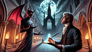 Lucifer presenting his contract to Master Vojtěch in the courtyard of the unfinished cathedral at night.