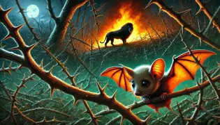 Bat sneaks through thorn bushes toward a fire guarded by Lion under a starry night sky in a dense forest.