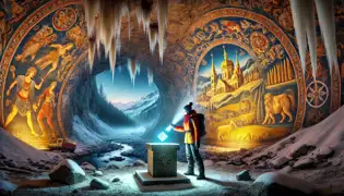 Inside a cavern, an archaeologist discovers a glowing crystalline key on a pedestal as water floods the chamber.