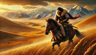 Manas rides his horse, Ak-Kula, across the vast Kyrgyz steppe, heading toward the Forbidden Peaks with determination.